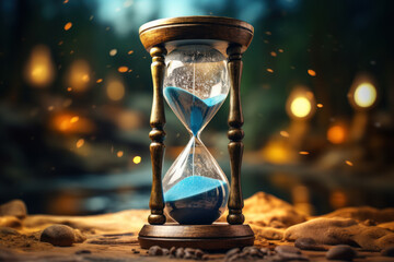 Wall Mural - A vintage hourglass with sand slowly trickling down, marking the passage of time into the new year. Concept of temporal transition. Generative Ai.