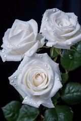 Wall Mural - Three white roses with glistening water droplets. Perfect for adding elegance and beauty to any project