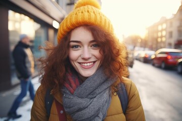 Aufkleber - A woman wearing a yellow hat and scarf. Suitable for fashion or winter-themed designs