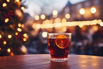 Aufkleber - A glass of tea on a table with a Christmas tree in the background. Perfect for holiday-themed designs and festive concepts