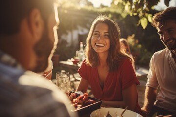 Poster - A group of people gathered around a table, enjoying a meal together. Perfect for illustrating social gatherings and dining experiences