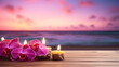 Wooden tabletop for product display with tropical pink orchids flowers and burning candles. Morning sky and sea at the background behind. Meditation concept. Copy space