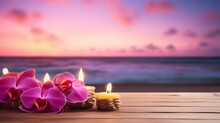 Wooden Tabletop For Product Display With Tropical Pink Orchids Flowers And Burning Candles. Morning Sky And Sea At The Background Behind. Meditation Concept. Copy Space