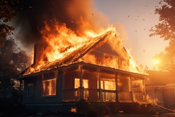 Poster - A house engulfed in flames and emitting thick smoke. Ideal for illustrating fire emergencies and disasters