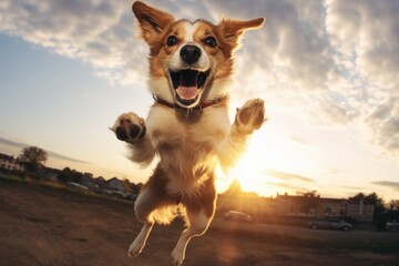 Poster - A dog captured in mid-air, jumping with its paws raised. This dynamic image can be used to depict energy, excitement, and playful moments