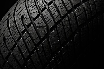 Poster - A close up view of a tire on a black background. Suitable for automotive and transportation-related designs