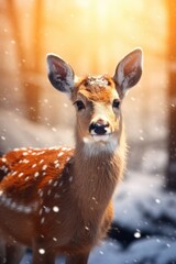 Aufkleber - A beautiful deer standing in the snow-covered forest. Perfect for nature-themed designs and winter landscapes