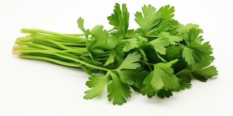 Aufkleber - A bunch of fresh parsley placed on a clean white surface. This image can be used to enhance recipes, cooking blogs, or for illustrating healthy eating habits