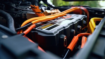Poster - Close up view of a car battery. Ideal for automotive and maintenance concepts