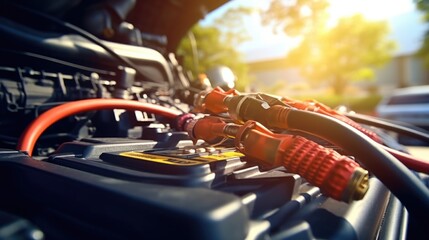 Poster - Cables connected to a car battery, ready for use. Suitable for automotive, maintenance, and power concepts
