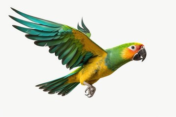 A parrot flying in the air with its wings spread. Suitable for nature, wildlife, and tropical themes