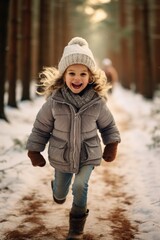 Sticker - A little girl running through a snowy landscape. Perfect for winter-themed projects and advertisements