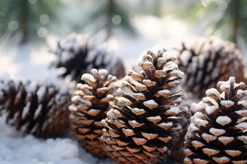 Aufkleber - Snow-covered pine cones in a group. Suitable for winter-themed designs and nature-related projects