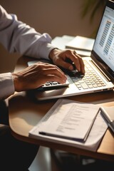 A person typing on a laptop computer on a desk. Suitable for business and technology-related projects