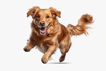 Poster - A brown dog in motion, running across a plain white background. Suitable for various uses