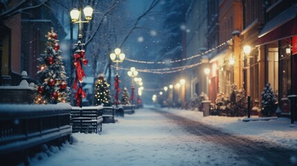 Poster - A picturesque winter scene of a snowy street adorned with twinkling Christmas lights and beautifully decorated trees. Perfect for holiday-themed projects or festive designs