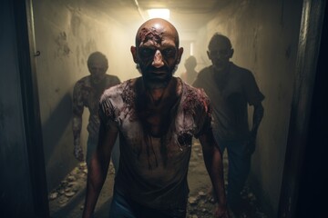 Poster - A man with blood all over his face standing in a hallway. This image can be used to depict horror, violence, crime scenes, or Halloween-themed designs