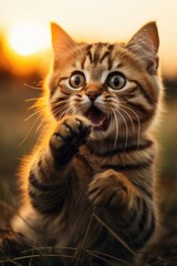 Aufkleber - A cat is sitting in the grass and yawning. Perfect for animal lovers and pet-related projects