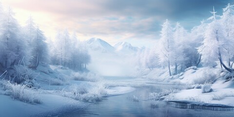 Poster - A serene river flowing through a snowy forest. Perfect for nature and winter-themed designs