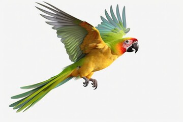 Poster - A vibrant parrot in yellow and green colors soaring through the air. Perfect for nature enthusiasts or tropical-themed designs