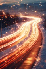 Poster - A long exposure photo of a highway covered in snow. Perfect for winter-themed designs and travel-related projects