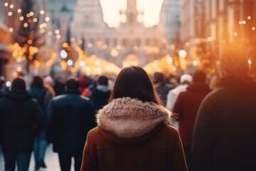 Wall Mural - A woman is seen walking down a busy city street. This image can be used to depict urban life and the hustle and bustle of a cityscape