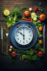 Poster - A clock displayed on a plate with a variety of fresh vegetables and fruits. Suitable for illustrating time management, healthy eating, or kitchen-related concepts