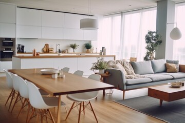 Poster - A fully furnished living room featuring various pieces of furniture and a wooden table. This versatile image can be used to showcase interior design, home decor, or real estate concepts