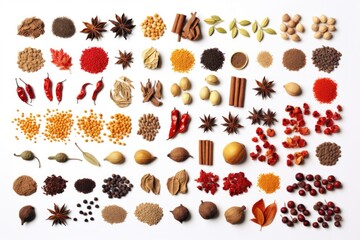 Poster - A collection of various spices and nuts arranged on a clean white surface. This image can be used to enhance food-related articles, recipes, or for illustrating the concept of culinary diversity.