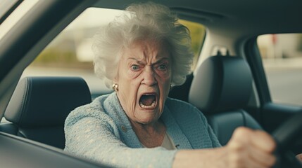 Poster - An older woman is captured in the driver's seat of a car with her mouth wide open in surprise or shock. This image can be used to depict various emotions, reactions, or unexpected situations