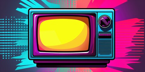 Poster - An old television with a yellow screen placed on a vibrant and colorful background. Suitable for use in retro-themed designs or to depict nostalgia for the past