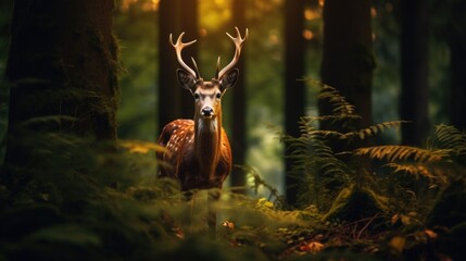 Aufkleber - A deer standing in the middle of a forest. Can be used for nature or wildlife-themed projects