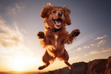 Poster - A dog captured in mid-air with its paws up. This image can be used to depict excitement, energy, or playful moments