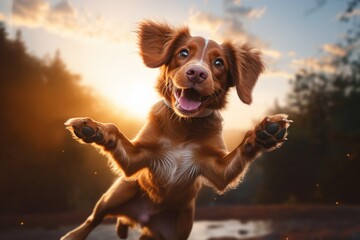 Poster - A dog captured in mid-air, jumping with its paws raised. This image can be used to depict energy, excitement, and playfulness