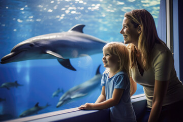Wall Mural - Family watching dolphins in aquarium. Children having fun at weekend getaway. Silhouettes of family in oceanarium watching fishes, sharks, dolphins.