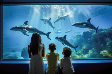 Wall Mural - Family watching dolphins in aquarium. Children having fun at weekend getaway. Silhouettes of family in oceanarium watching fishes, sharks, dolphins.