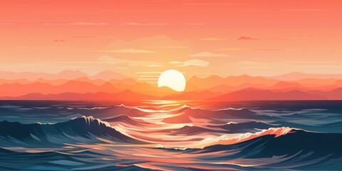 Poster - A stunning sunset over the ocean with crashing waves. Perfect for beach-themed designs and inspirational content