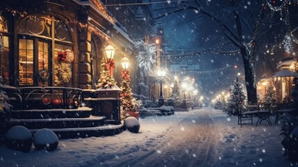 Poster - A picturesque scene of a snowy night in a small town street. Perfect for winter-themed designs and holiday projects