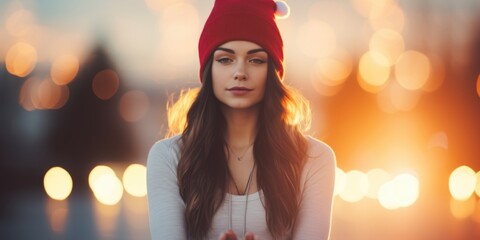 Poster - A woman wearing a red hat and a white shirt. Suitable for various uses