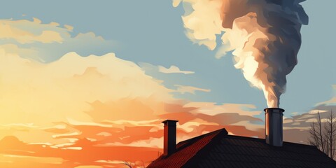 Poster - A painting of a house with smoke coming out of it. This image can be used to depict a burning house or a fire accident
