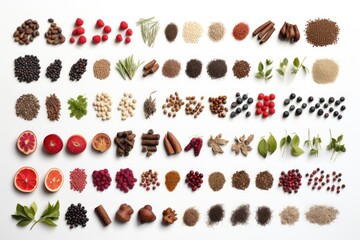 Aufkleber - A collection of various spices and fruits displayed on a clean white surface. Perfect for food-related projects and recipe websites