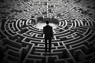 Poster - A man standing in front of a maze. Suitable for illustrating concepts such as decision-making, problem-solving, challenges, and opportunities