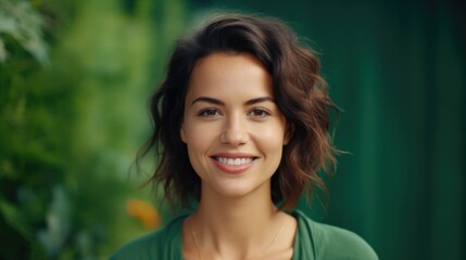 Aufkleber - A woman wearing a green shirt smiles directly at the camera. Suitable for various uses