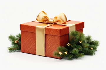 Poster - A festive red gift box with a shiny gold bow and a fresh pine branch. Perfect for holiday celebrations and gift-giving