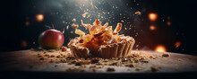 Wide Banner Of Apple Pie Showing Filling And Flying Ingredients And Crumbs , Homemade Recipe Of Sweet Dessert Menu With Copyspace