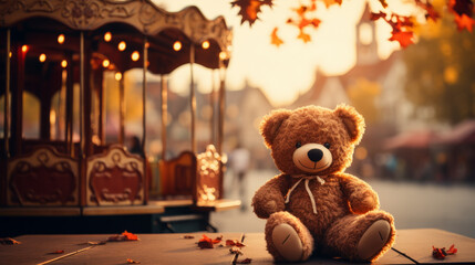 A lonely teddy bear in the amusement park in autumn.