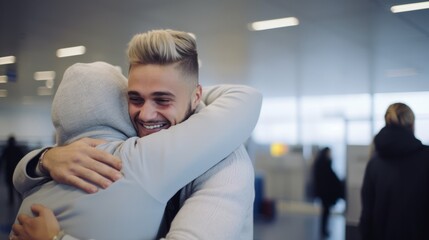 Canvas Print - Two men embracing warmly at an airport, expressing a heartfelt reunion or farewell.