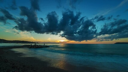 Wall Mural - beautiful sunset with clouds over sea and beach, timelapse 4k
