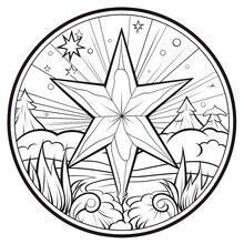 Black And White Coloring Page; Star Over A Clearing In A Circle. The Christmas Star As A Symbol Of The Birth Of The Savior.