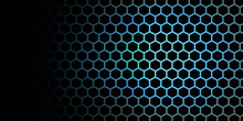 Black Background With Blue Neon Hexagon Grid. Glowing Hex Background. With Lamp Light